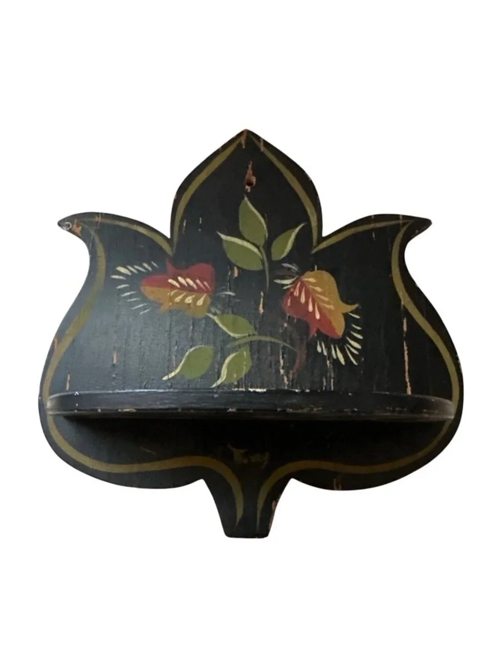 Vintage Black Wooden Wall Shelf Floral Design Finish Charming Folk Art Rustic